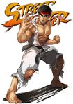  8_(yamalu) barefoot black_hair brown_eyes clenched_hand copyright_name dougi fighting_stance full_body headband legs_apart male_focus muscle open_mouth ryuu_(street_fighter) simple_background solo street_fighter torn_clothes white_background 