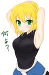  &gt;:( annoyed armpits blonde_hair blush breasts frown green_eyes hair_tie highres looking_at_viewer mizuhashi_parsee pointy_ears short_hair shunki sideboob sleeveless solo touhou translated tying_hair v-shaped_eyebrows 