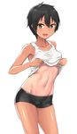  :d bare_arms bare_shoulders black_hair breasts brown_eyes clothes_lift collarbone contrapposto cowboy_shot groin hair_between_eyes hands_up hashi highres lifted_by_self looking_at_viewer medium_breasts navel open_mouth original short_hair short_shorts shorts simple_background smile solo standing stomach tan tank_top tanline toned white_background yellow_eyes 