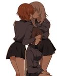  black_skirt breasts brown_hair covering_face girls_und_panzer itsumi_erika kiss kuromorimine_school_uniform long_hair long_sleeves medium_breasts military military_uniform miniskirt moekichi multiple_girls nishizumi_maho nishizumi_miho pleated_skirt short_hair shoujo_kakumei_utena sitting skirt uniform yuri 