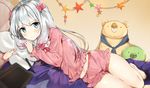  :&lt; aqua_eyes barefoot bow closed_mouth eromanga_sensei hair_bow izumi_sagiri long_hair looking_at_viewer lying midriff navel on_side pajamas pillow pink_bow sabet_(young_ouo) signature silver_hair solo stuffed_animal stuffed_toy stylus tablet thighs twitter_username v-shaped_eyebrows 