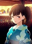  alternate_costume blurry blurry_background brown_eyes brown_hair deco_(geigeki_honey) festival japanese_clothes kaga_(kantai_collection) kantai_collection kimono obi sash short_hair side_ponytail solo twitter_username yukata 