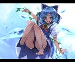  :d bare_legs barefoot black_panties blue_eyes blue_hair blush bow cirno dress flower flying from_below hair_bow hidden_star_in_four_seasons ice ice_wings large_bow legs letterboxed looking_at_viewer open_mouth panties plant smile solo sunflower tan tanned_cirno thick_eyebrows thighs touhou ukyo_rst underwear upskirt v-shaped_eyebrows vines wings 
