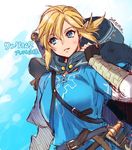  belt black_gloves blonde_hair blue_eyes bracer breasts cloak dated dutch_angle earrings fingerless_gloves genderswap genderswap_(mtf) gloves hood hooded_cloak hoodie jewelry link medium_breasts pointy_ears short_ponytail smile solo the_legend_of_zelda the_legend_of_zelda:_breath_of_the_wild vambraces yajiro_masaru 