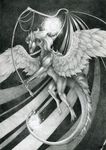  claws dragon feathered_dragon feathered_wings feathers feral greyscale hair male monochrome natoli solo traditional_media_(artwork) wings 