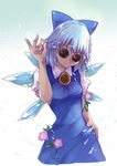  amano_chiharu blue_bow blue_dress blue_eyes blue_hair bow breasts cirno commentary danmaku dress eyebrows_visible_through_hair flower gradient gradient_background hair_bow hidden_star_in_four_seasons ice ice_wings icicle_fall ipomoea leaf meme morning_glory parody pink_flower plant puffy_short_sleeves puffy_sleeves salt_bae_(meme) short_hair short_sleeves small_breasts snow solo sunflower sunglasses tan tanned_cirno touhou vines wings 