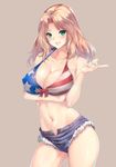  american_flag_bikini aqua_eyes bikini blonde_hair blush breast_hold breasts cleavage covered_nipples denim denim_shorts flag_print girls_und_panzer grin kay_(girls_und_panzer) large_breasts long_hair looking_at_viewer navel pink_background short_shorts shorts simple_background smile solo swimsuit unbuttoned zucchini 