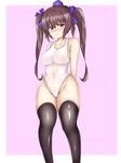  &gt;:( bangs black_legwear blush breasts brown_hair commentary covered_navel curvy frown hair_ribbon hat highres himekaidou_hatate impossible_clothes isshin_(sasayamakids) leotard long_hair looking_at_viewer medium_breasts nose_blush purple_eyes ribbon solo sweat thick_thighs thigh_gap thighhighs thighs tokin_hat touhou twintails v-shaped_eyebrows white_leotard wide_hips 