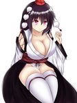  black_hair blush breasts curvy hat highres isshin_(sasayamakids) kourindou_tengu_costume large_breasts long_hair pelvic_curtain purple_eyes shameimaru_aya short_hair smile solo thighhighs thighs tokin_hat touhou wide_hips 