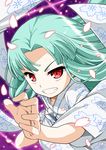  &gt;:) aqua_hair fang floral_print grin japanese_clothes kimono kiriha_(tsugumomo) long_hair looking_at_viewer minazuki_futago petals red_eyes smile solo teeth tsugumomo v-shaped_eyebrows white_kimono 