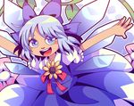  blue_eyes blue_hair blush cirno commentary dress english_commentary flower hidden_star_in_four_seasons highres ice ice_wings long_hair outstretched_arms plant round_teeth solo spread_arms sunflower tan tanned_cirno teeth thick_eyebrows touhou vines wings yatsunote 