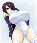  black_hair breasts brown_eyes commentary_request covered_navel emperor_penguin_(kemono_friends) hair_over_one_eye headphones highleg hood hoodie huge_breasts impossible_clothes jacket kemono_friends leotard long_hair looking_at_viewer multicolored_hair open_clothes oro_(zetsubou_girl) solo thighhighs white_legwear white_leotard 