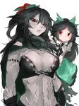  2girls abs black_hair breasts chamaruku cleavage commentary_request dual_persona grey_skin highres large_breasts lips long_hair looking_at_viewer midriff multiple_girls muscle muscular_female navel red_eyes reiuji_utsuho simple_background sketch sketch_eyebrows stomach touhou tsurime v-shaped_eyebrows white_background 