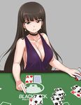  bags_under_eyes bare_shoulders blackjack breasts brown_eyes brown_hair card casino_card_table cleavage cocktail_dress dress emblem girls_und_panzer japanese_tankery_league_(emblem) large_breasts long_hair looking_at_viewer nishizumi_shiho playing_card solo youkan 