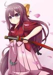  bow brown_eyes brown_hair cherry_blossoms cowboy_shot frown hair_bow hakama japanese_clothes kamikaze_(kantai_collection) kantai_collection katana kimono long_hair meiji_schoolgirl_uniform peta_(taleslove596) pink_hakama red_kimono solo sword tasuki weapon yellow_bow 