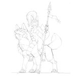  4_toes anthro breasts canine digitigrade duo featureless_breasts female feral foxmode holding_object holding_weapon mammal melee_weapon nude polearm simple_background spear teeth toes weapon white_background wolf 