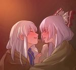  blush closed_eyes face-to-face fujiwara_no_mokou hair_ribbon kamishirasawa_keine light light_particles long_hair masanaga_(tsukasa) multiple_girls no_hat no_headwear open_mouth profile ribbon silver_hair smile touhou upper_body yuri 