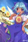  blue_dress blue_eyes blue_hair blue_sky blush cirno day dress dutch_angle eating field flower flower_field food hair_ribbon hidden_star_in_four_seasons ice ice_wings looking_at_viewer open_mouth plant popsicle poyosuke puffy_sleeves ribbon short_hair short_sleeves signature sky smile solo sparkle sunflower sunlight tan tanned_cirno touhou vines wings 