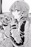  eating enokida_mai food greyscale hamburger highres long_hair looking_at_viewer messy monochrome nakajima_ryou ranker's_high solo teeth 