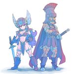  1girl armor bikini_armor breasts cleavage dragon_quest dragon_quest_iii dragon_quest_iv elbow_gloves gloves helmet large_breasts long_hair navel purple_hair ryan_(dq4) shield soldier_(dq3) sword tamago_tomato weapon winged_helmet 