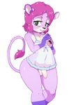  2017 anthro balls bovine cattle clothed clothing crossdressing flaccid fur girly green_eyes humanoid_penis kaitou long_foreskin male mammal navel penis purple_fur simple_background solo standing uncut 