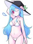  bikini blue_hair earrings food fruit hat head_tilt hinanawi_tenshi jewelry long_hair looking_at_viewer midriff navel one_eye_closed pale_skin peach red_eyes simple_background smile solo swimsuit thong touhou vils white_background 