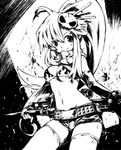  anti-materiel_rifle belt bikini_top breasts cleavage elbow_gloves gloves greyscale gun hair_ornament haku_(sabosoda) long_hair medium_breasts monochrome ponytail rifle short_shorts shorts skull_hair_ornament smile sniper_rifle solo studded_belt tengen_toppa_gurren_lagann thighhighs underboob very_long_hair weapon yoko_littner 