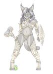  4_toes anthro armor breasts caracal feline female foxmode fur green_eyes grey_fur grey_hair hair hammer holding_object holding_weapon mammal midriff navel shield simple_background solo standing toes tools weapon white_background 