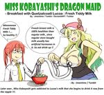  2girls breasts cereal dragon_girl english highres huge_breasts kobayashi-san_chi_no_maidragon kobayashi_(maidragon) lactation licking_lips milk multiple_girls quetzalcoatl_(maidragon) smile speech_bubble text winking 