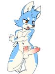  2017 balls blue_fur brown_eyes canine dog erection fur humanoid_penis kaitou male mammal navel open_mouth penis standing white_fur 