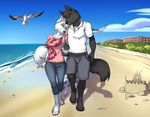  anthro beach canine clothed clothing duo female fur hair hand_holding inktiger male male/female mammal outside seaside smile walking 