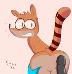  2017 alternate_version_available anal anthro anus backsack balls bent_over brown_fur butt butt_grab cartoon_network clenched_teeth erection foxxx321 fur hand_on_butt humanoid_penis looking_back male male/male mammal mordecai_(regular_show) nervous penis raccoon regular_show rigby_(regular_show) simple_background solo_focus striped_tail stripes teeth 