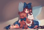  blue_dress blue_eyes blush bow brown_hair dress fairy_wings full_body hair_ribbon highres long_hair long_sleeves looking_away mary_janes masanaga_(tsukasa) puffy_sleeves ribbon shoes sitting socks solo star_sapphire stuffed_animal stuffed_toy teddy_bear touhou very_long_hair wide_sleeves wings 