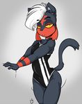  anthro anthrofied black_fur bliss_(duckdraw) clothed clothing duckdraw ear_piercing eyebrows female fur grey_background hair half-closed_eyes lips litten looking_at_viewer low_res multicolored_fur nintendo piercing pok&eacute;mon red_eyes red_fur simple_background solo teeth thick_bottom_lip two_tone_fur video_games white_hair yellow_sclera 