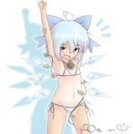  ahoge armpits arms_up bikini blue_eyes blue_hair blush cirno coreytaiyo cowboy_shot dated fang flower hair_ribbon hidden_star_in_four_seasons highres ice ice_wings leaf looking_at_viewer midriff navel open_mouth plant ribbon short_hair signature smile solo stretch sunflower swimsuit tan tanline tanned_cirno touhou vines white_background wings 