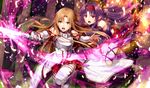  armor asuna_(sao) bare_shoulders blush braid brown_eyes brown_hair detached_sleeves feathers gabiran headband long_hair multiple_girls open_mouth pointy_ears purple_hair red_eyes red_skirt skirt sword sword_art_online sword_art_online_the_movie:_ordinal_scale teeth thighhighs weapon white_legwear yuuki_(sao) 