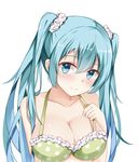  absurdres aqua_eyes aqua_hair bantian_yindang blush breasts cleavage hatsune_miku highres long_hair medium_breasts scrunchie simple_background solo twintails upper_body vocaloid white_background 