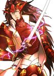  armor bad_id bad_pixiv_id brown_hair fire_emblem fire_emblem_if gloves guuchun japanese_armor katana long_hair male_focus mask raijintou_(sword) ryouma_(fire_emblem_if) simple_background solo sword upper_body weapon white_background 