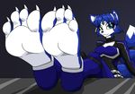  2017 absurd_res anthro barefoot belt blue_fur blue_hair bodysuit canine claws clothing female foot_focus fox fur green_eyes hair hair_ornament hi_res jewelry krystal mammal mostlyfunstuff nintendo short_hair signature skinsuit smile soles solo star_fox tailband tight_clothing toes video_games white_fur 