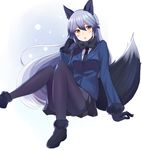  absurdres animal_ears bangs black_bow black_footwear black_gloves black_legwear black_neckwear blazer blush bow bowtie eyebrows_visible_through_hair fox_ears fox_girl fox_tail gloves grey_hair hair_between_eyes highres jacket kemono_friends knees_together_feet_apart loafers long_hair long_sleeves looking_at_viewer nagiha_kuten necktie pantyhose parted_lips shoes silver_fox_(kemono_friends) silver_hair sitting solo tail yellow_eyes 