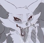  2016 black_lips blush delphox female humanoid_penis licking looking_at_viewer male male/female nintendo oral penis pok&eacute;mon precum saliva simple_background smile tongue tongue_out ungulatr video_games 