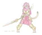  4_toes 5_fingers anthro armor barefoot cougar feline female foxmode green_eyes hair holding_object holding_weapon mammal melee_weapon pink_hair pink_nose simple_background solo sword toes weapon white_background 