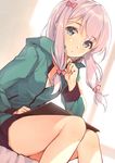  bow eromanga_sensei green_jacket highres hood hoodie izumi_sagiri jacket kamon_(shinshin) long_hair long_sleeves looking_at_viewer no_pants pink_bow silver_hair solo stylus table tablet_pc 