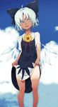  absurdres bad_id bad_pixiv_id blue_eyes blue_hair blue_sky blush cirno cloud colored_eyelashes day dress dress_lift fangs flower hair_ribbon hidden_star_in_four_seasons highres ice ice_wings looking_at_viewer migihidari_(puwako) ribbon short_sleeves sky smile solo sunflower sweat tan tanline tanned_cirno touhou wings 