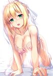  ahoge all_fours blonde_hair blush braid breasts commentary_request fate/extra fate/extra_ccc fate/grand_order fate_(series) green_eyes large_breasts looking_at_viewer nero_claudius_(bride)_(fate) nero_claudius_(fate)_(all) nightgown open_mouth solo sweat tied_hair veil white_background yan_(nicknikg) 