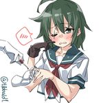  ahoge bangs blush brown_gloves collarbone commentary_request ebifurya eyebrows_visible_through_hair gloves green_eyes green_hair hair_between_eyes hand_up highres kantai_collection kiso_(kantai_collection) manicure neckerchief one_eye_closed open_mouth scar scar_across_eye school_uniform serafuku short_sleeves simple_background single_glove solo_focus spoken_blush sweat twitter_username upper_body white_background 