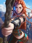  1girl aloy_(horizon) armor blue_sky bow braid brown_hair cloud day freckles grass green_eyes highres horizon_zero_dawn lolliedrop long_hair looking_at_viewer open_mouth pants sky solo watermark weapon 