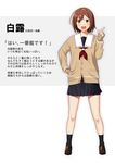  black_legwear black_skirt brown_eyes brown_footwear character_name kantai_collection long_sleeves neckerchief open_mouth pleated_skirt red_neckwear sahuyaiya school_uniform serafuku shiratsuyu_(kantai_collection) shoes short_hair skirt smile socks solo translation_request 