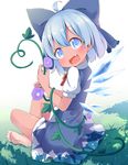  :d barefoot blue_bow blue_dress blue_eyes blue_hair blush bow cirno dress fairy_wings fang flower grass hair_bow hidden_star_in_four_seasons highres ice ice_wings looking_at_viewer makuran open_mouth plant short_hair short_sleeves sitting smile solo tan tanned_cirno touhou vines wings 