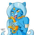  2014 anthro blue_fur blue_hair breasts cat clothed clothing eyelashes feline female forehead_gem fur genie hair heresy_(artist) lamp licking mammal marapets simple_background smile solo tongue tongue_out topless white_background yellow_eyes 